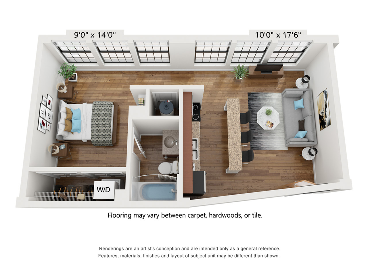 A4 Floor Plan: Modern 1 Bed 1 Bath in Richmond | 525 sq ft