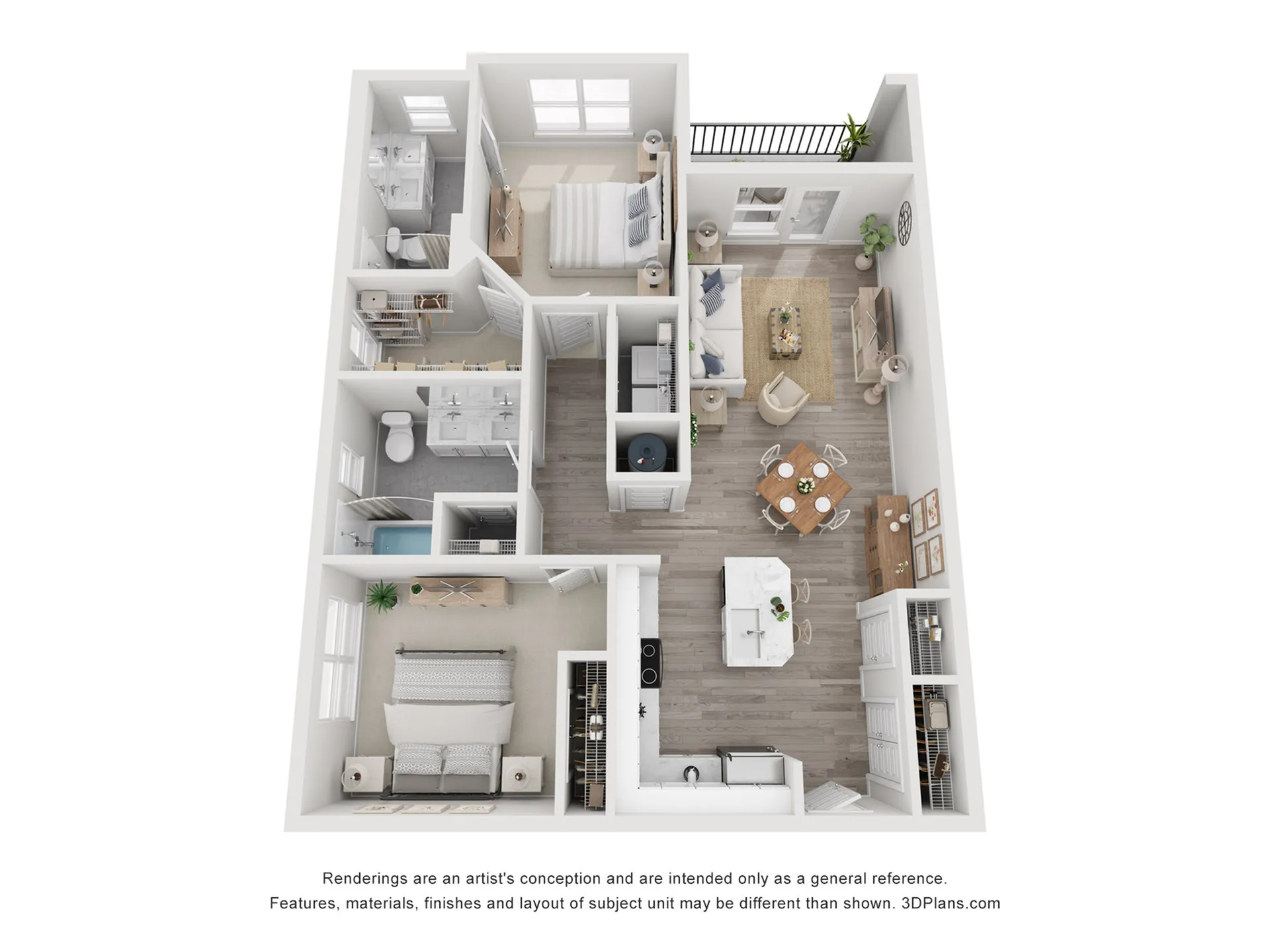 3D floor plan of a stylish apartment featuring two bedrooms, open kitchen, dining area, and cozy living room with balcony access.
