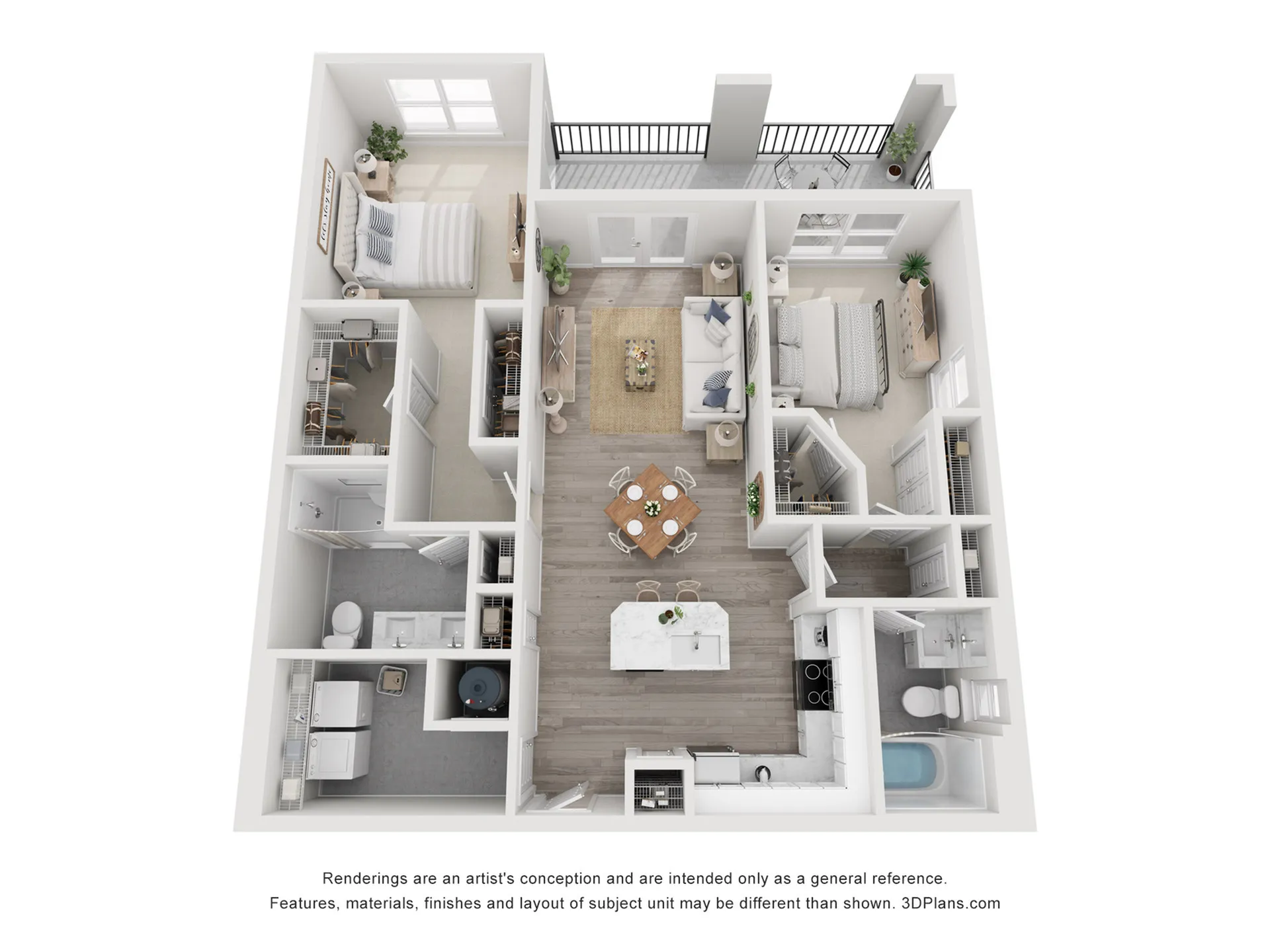 3D floor plan showcasing a modern apartment with two bedrooms, spacious living room, and open kitchen design.