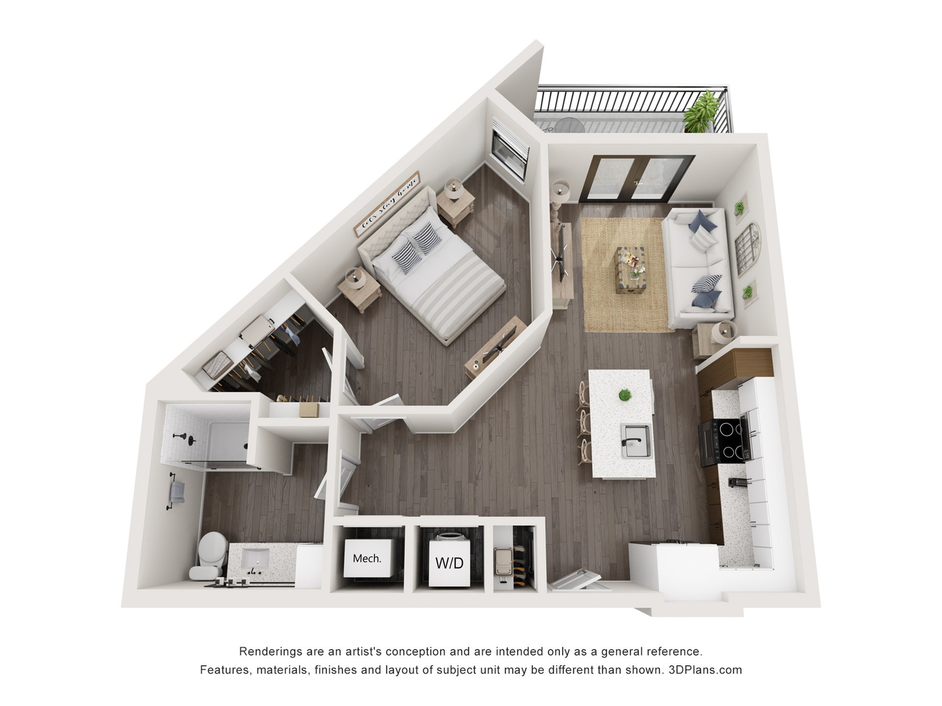 737 SF 1-Bed / 1-Bath apartment.
