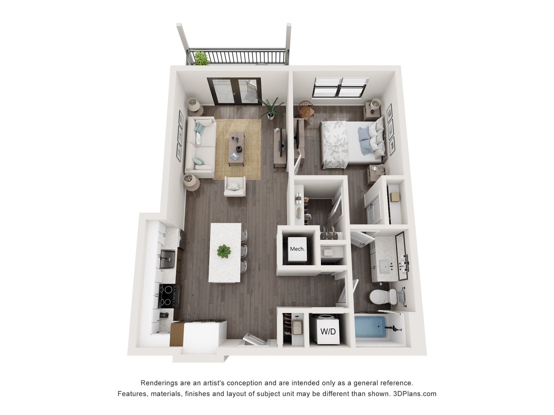 734 SF 1-Bed / 1-Bath apartment.