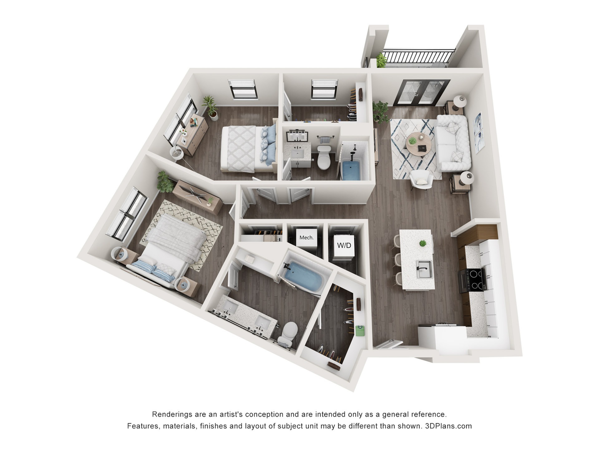 1,092 SF 2-Bed / 2-Bath apartment.