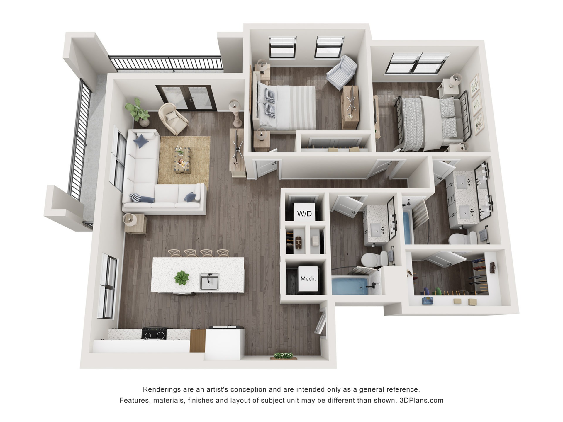 1,169 SF 2-Bed / 2-Bath apartment.