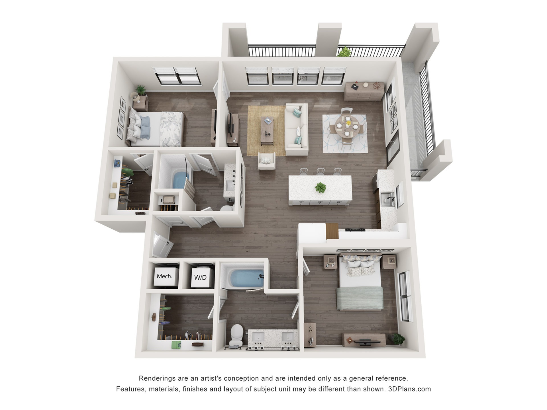 1,256 SF 2-Bed / 2-Bath apartment.