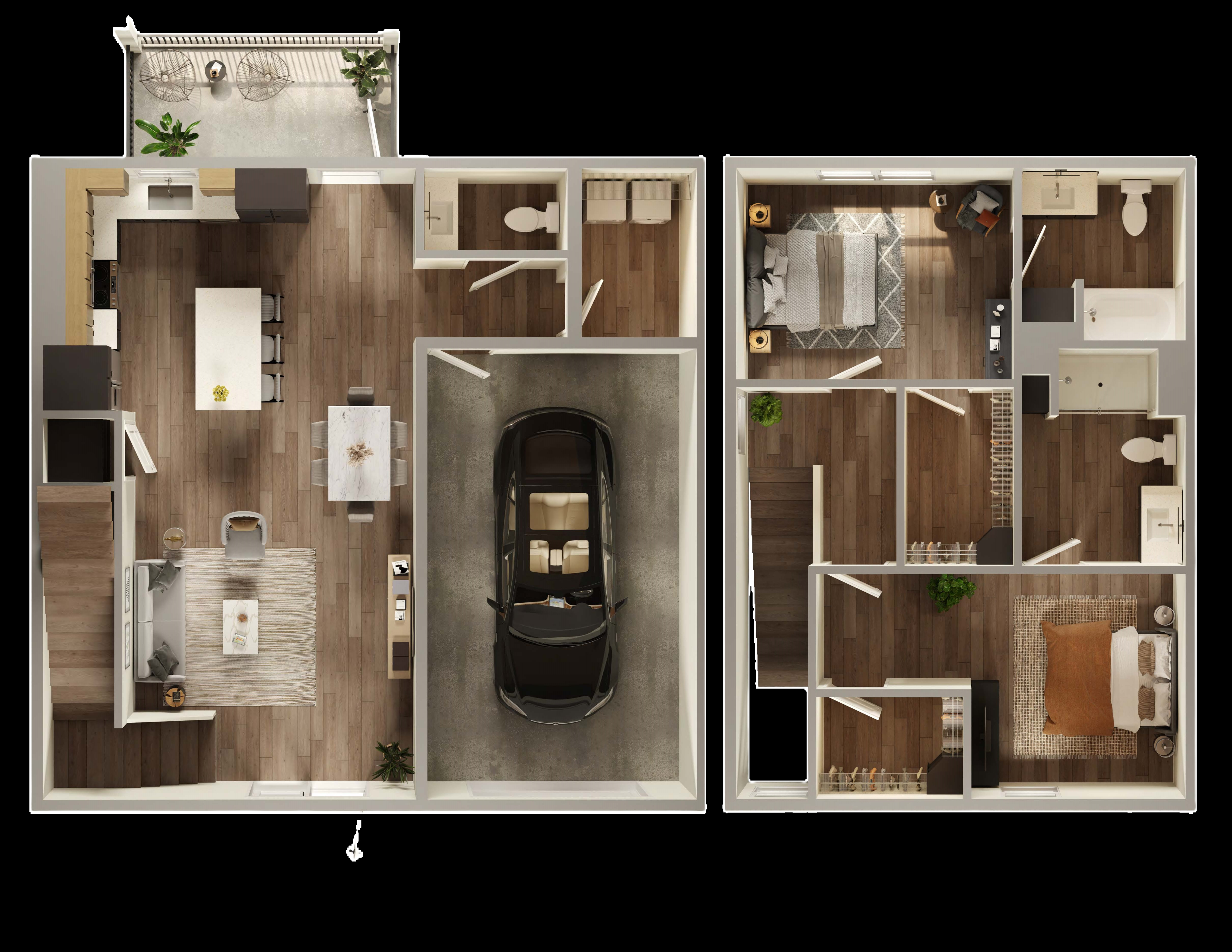 Elegant 2D floor plan showcasing a modern 2-bedroom layout with an open kitchen, cozy living area, and attached garage.