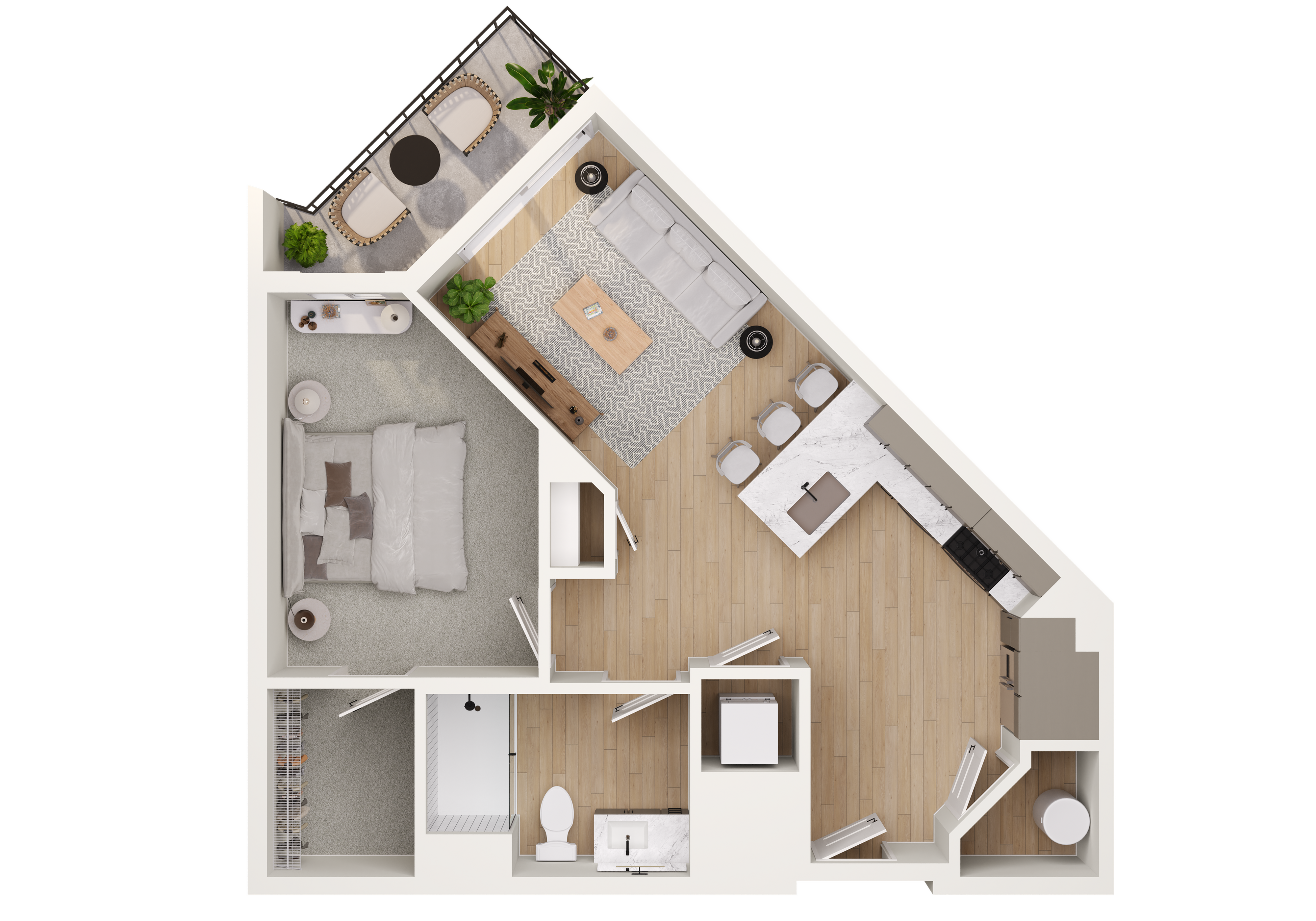 Modern one-bedroom apartment floor plan showcasing an open-concept living room with sleek kitchen, cozy bedroom, and stylish bathroom design. Includes a private balcony for outdoor relaxation.