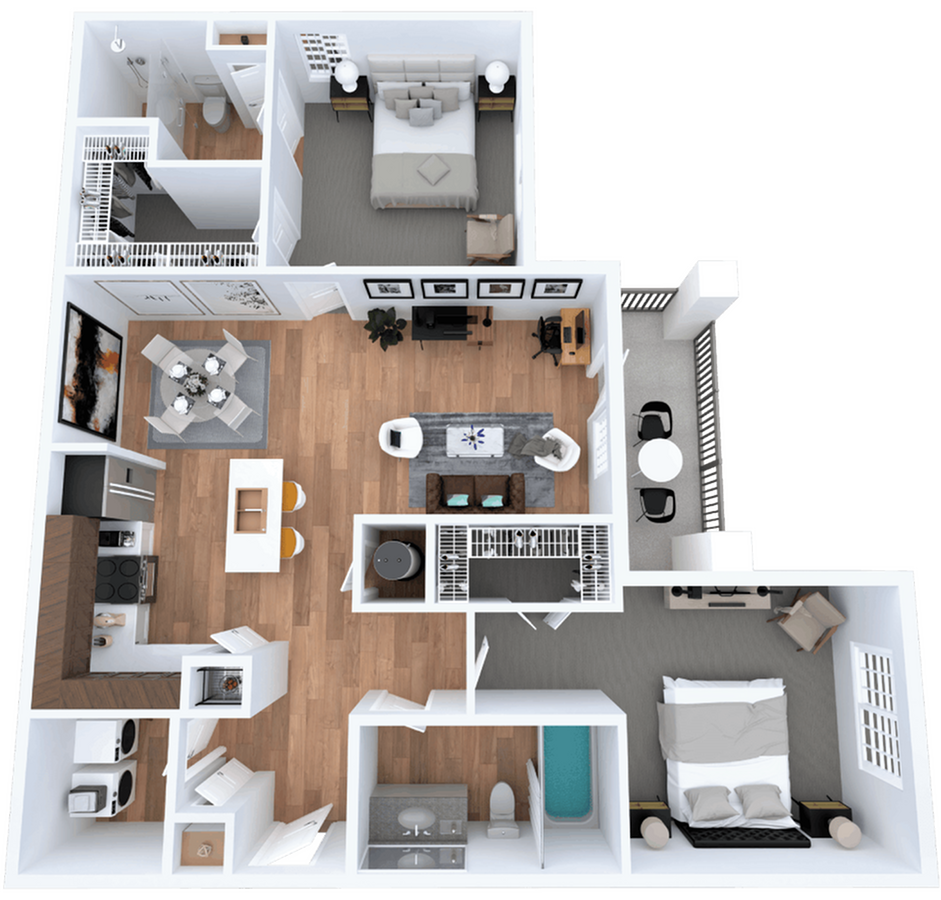 Modern 3D floor plan showcasing 2 bedrooms, open living area, stylish kitchen with island, and balcony seating.