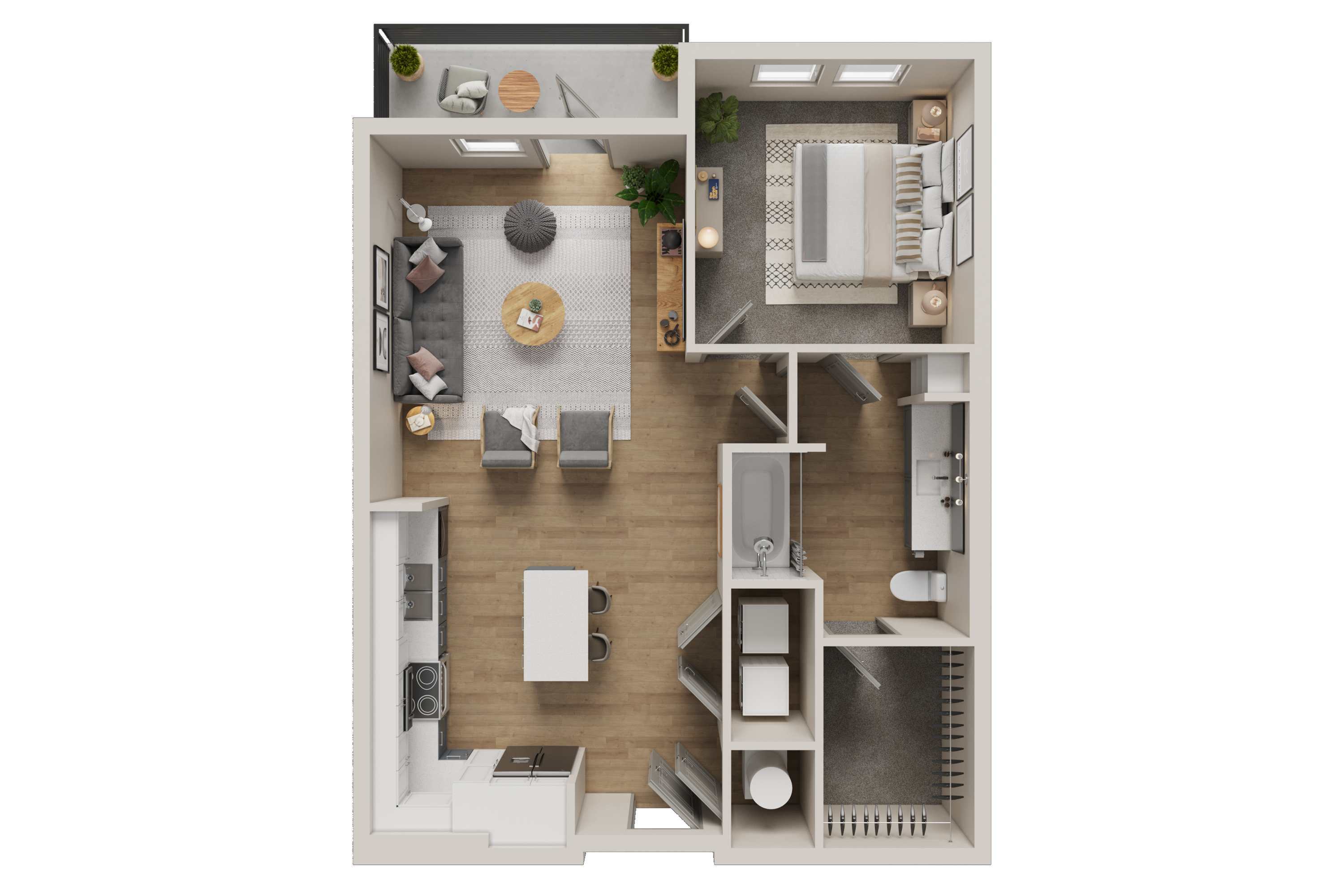 Modern floor plan showcasing a cozy 1-bedroom layout with an open-concept living room, elegant kitchen, and stylish bathroom. Features a charming balcony for outdoor relaxation.