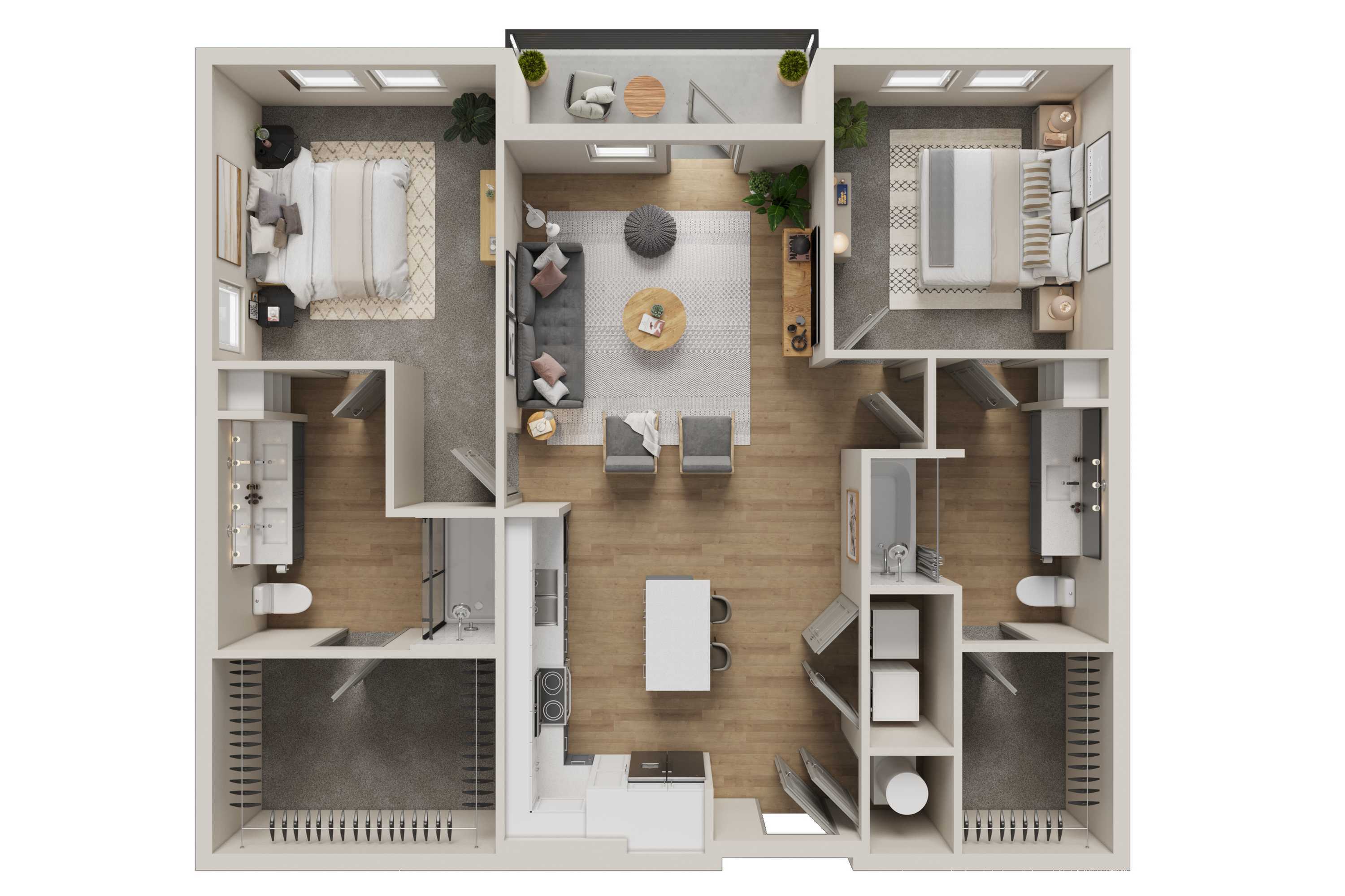 Modern 2D floor plan showcasing 2 bedrooms, an inviting open-concept living area, and sleek kitchen design.