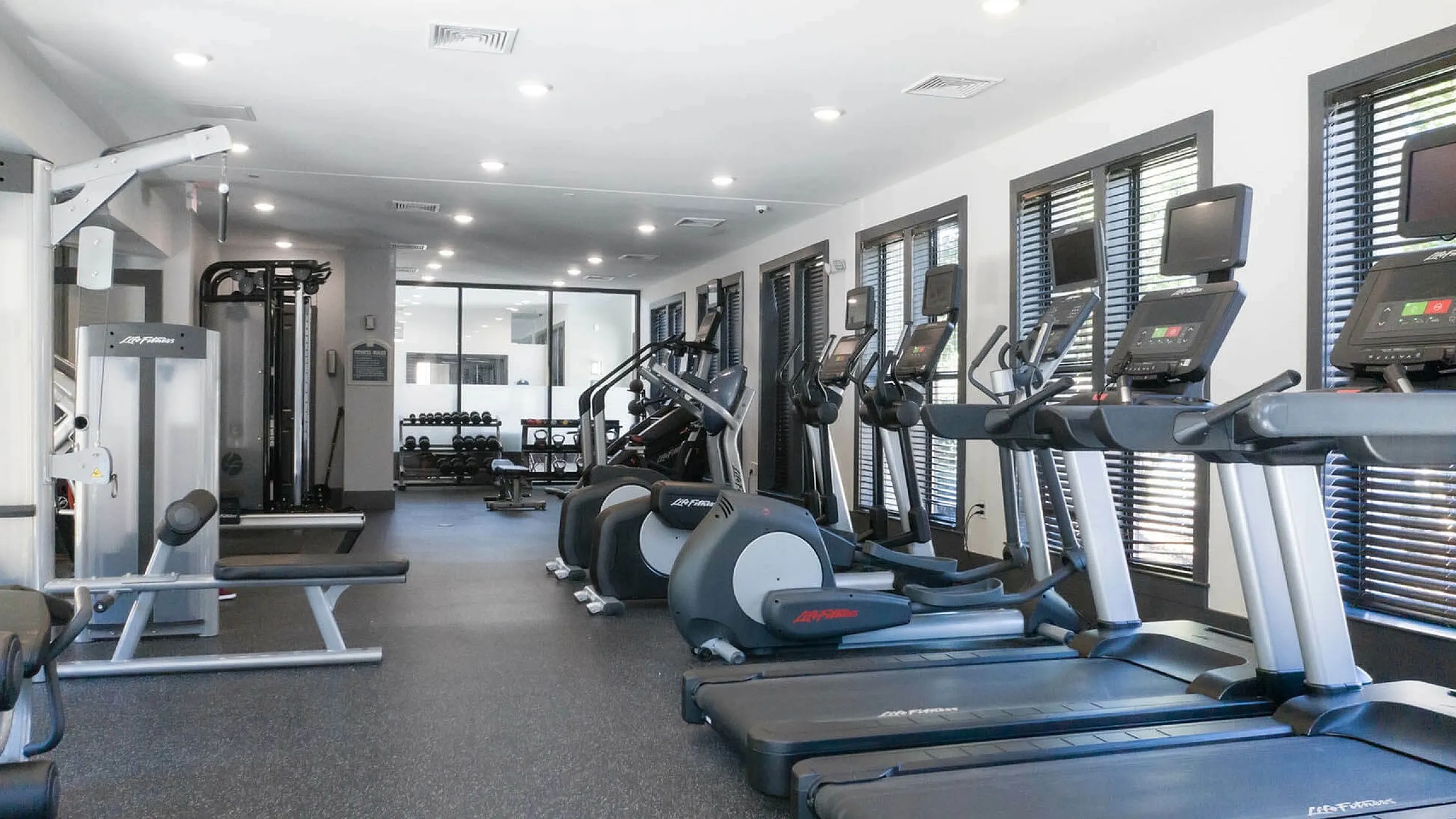 Modern apartment gym with treadmills, weight machines, and large windows