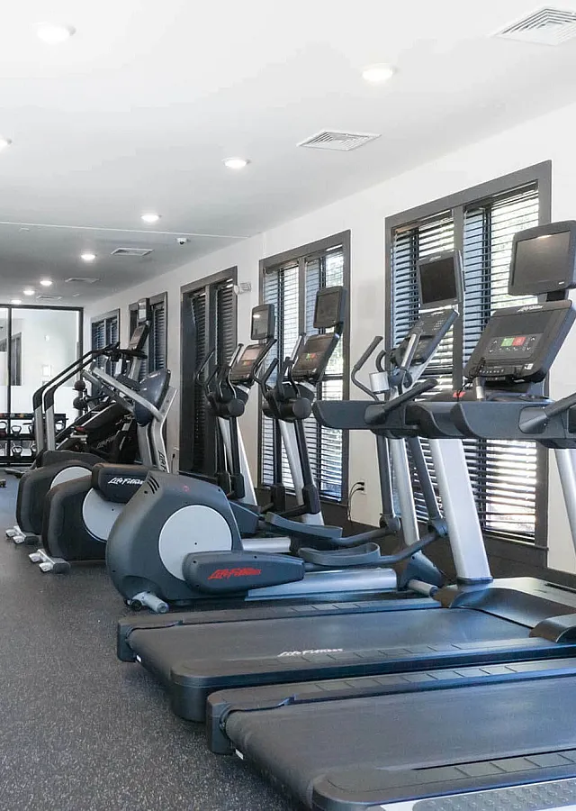Modern gym with cardio machines, weight equipment, and large windows in a luxury apartment complex.