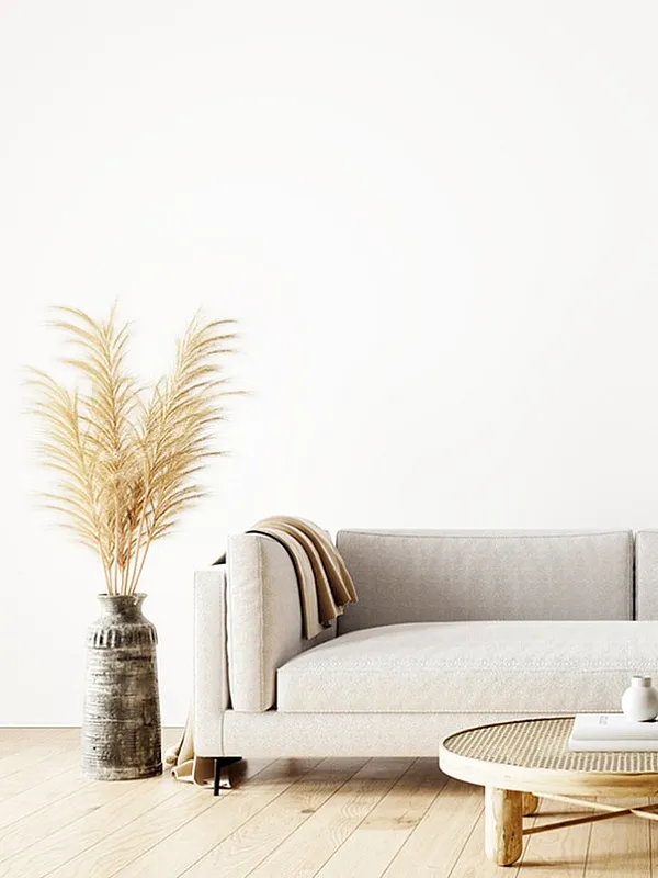 Modern living room with light grey sofa, sleek coffee table, and minimalist decor