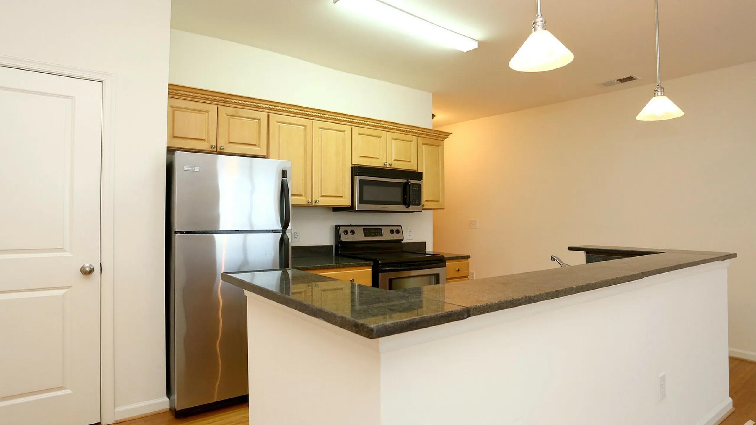 Contemporary kitchen featuring stainless steel appliances, wooden cabinets, and elegant pendant lighting.