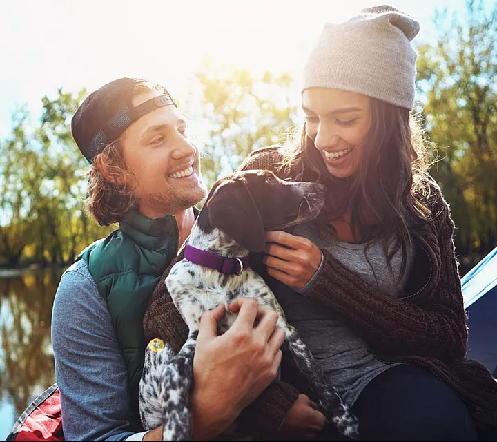 Couple enjoying a sunny day by the lake with their dog.