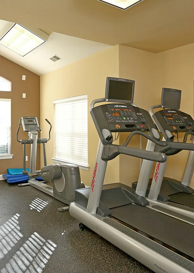Bright apartment gym featuring modern treadmills, elliptical, and yoga ball.