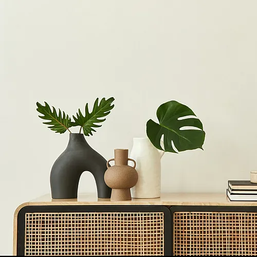 Sleek sideboard adorned with modern vases and greenery, showcasing minimalist design.