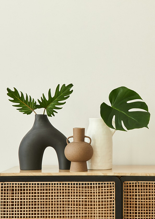 Contemporary sideboard with decorative vases and tropical leaves.