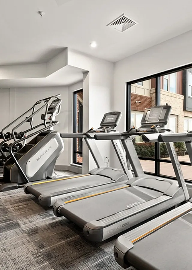 Modern fitness center with state-of-the-art treadmills and strength training equipment.