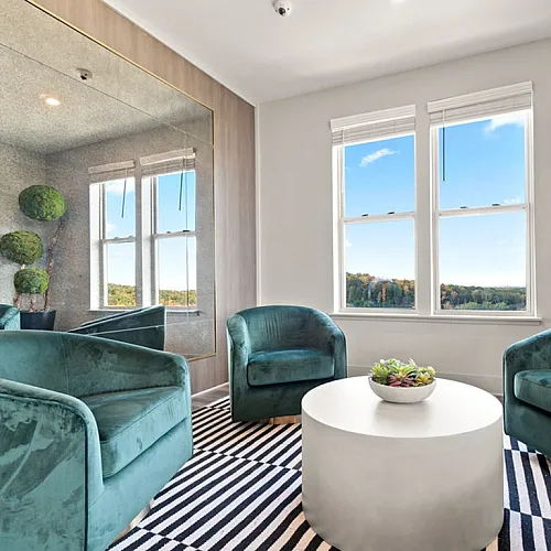 Chic lounge area with plush green chairs, striped rug, and scenic window view.