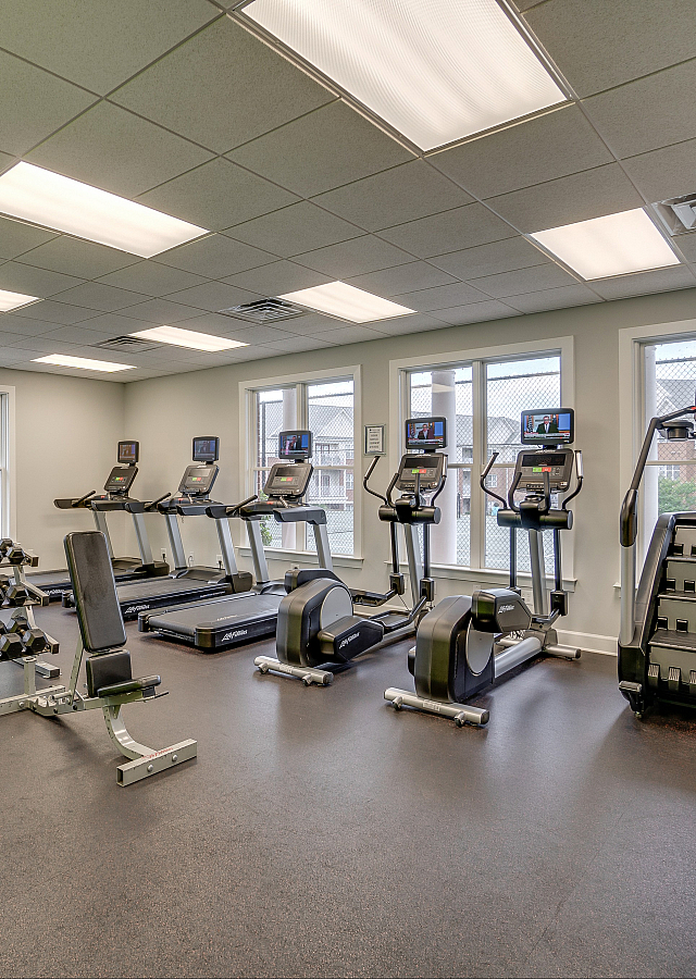 Modern fitness center with treadmills, weight lifting equipment, and large windows for natural light.