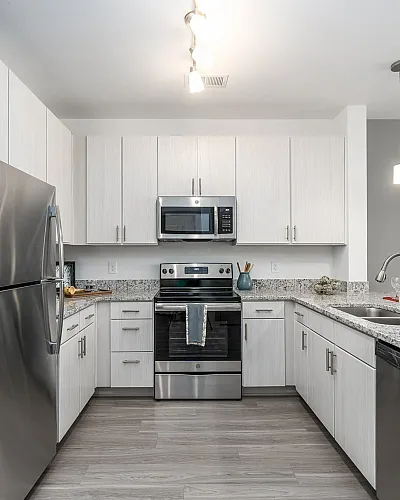 Sleek modern kitchen with stainless steel appliances, granite countertops, and white cabinetry.