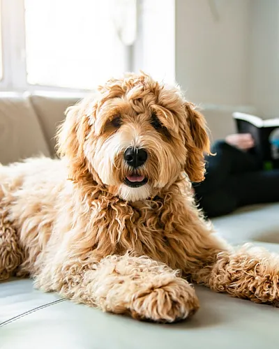 Charming living room featuring a fluffy dog on the sofa with a person reading a book in the background.