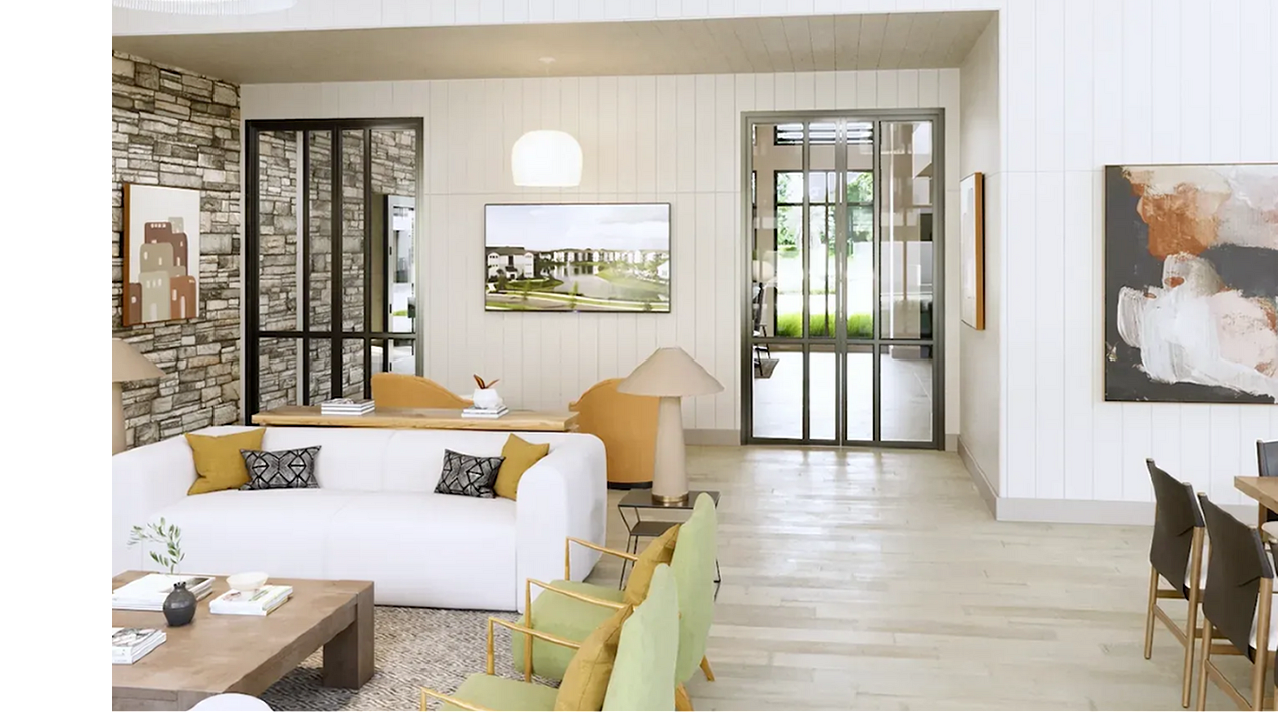 Stylish living area with modern furnishings, featuring a white sofa, green chairs, and decorative artwork.