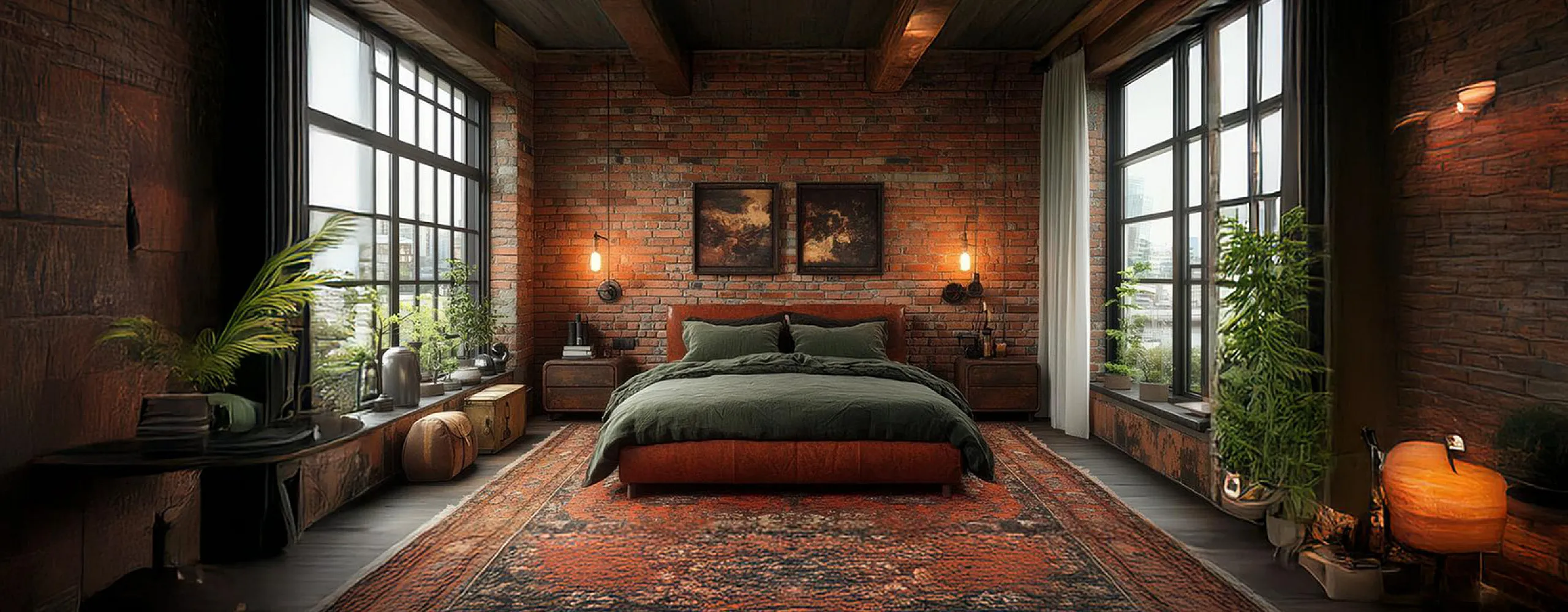 Chic industrial-style bedroom with exposed brick walls, large windows, and a cozy green bed on a vibrant patterned rug.