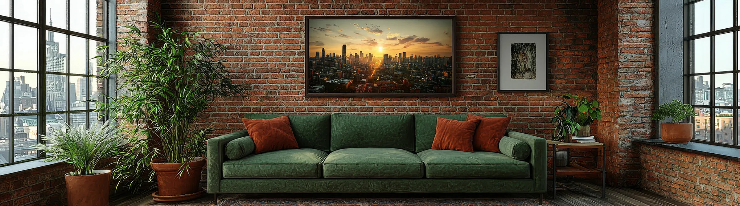Chic urban loft with exposed brick walls and panoramic city view. Features a cozy green sofa with rust-colored cushions, stylish potted plants, and a captivating sunset cityscape artwork.