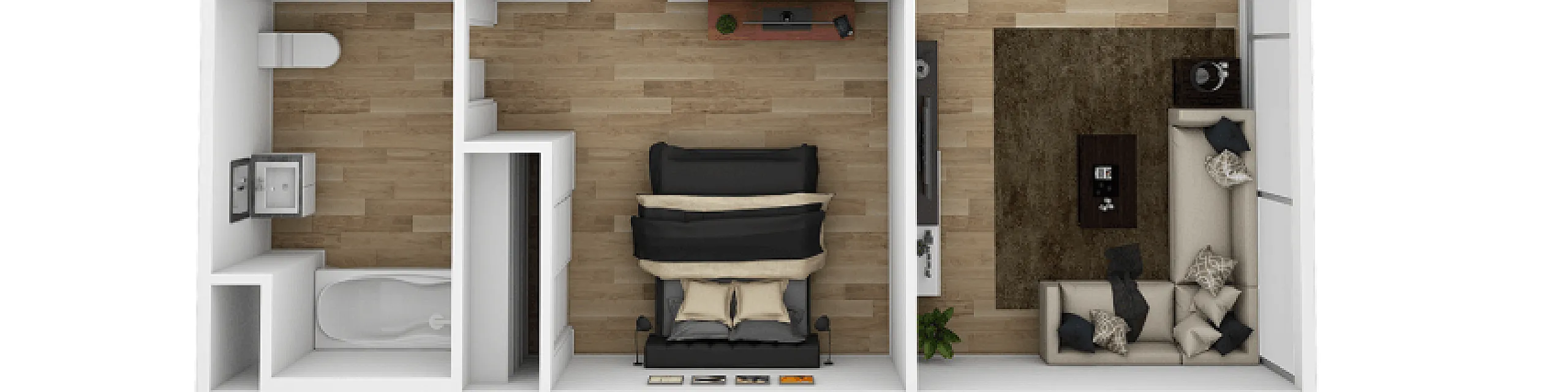 Modern floor plan showcasing a 1-bedroom apartment with an inviting open-concept kitchen and living area, stylish bathroom, and elegant wood flooring.