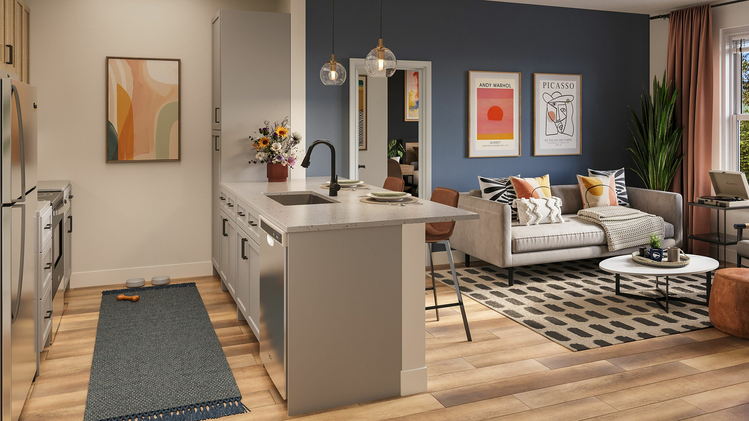 Contemporary apartment interior with a sleek kitchen island, stylish living area, and modern decor accents.