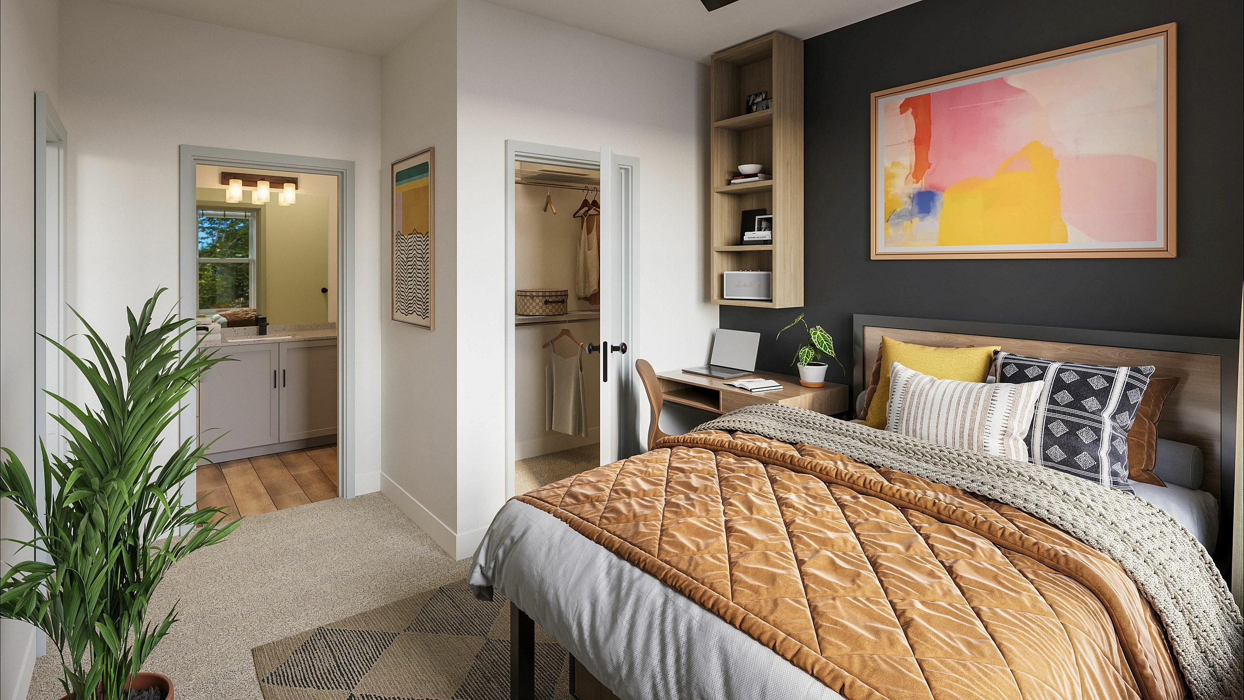 Chic and cozy bedroom with modern decor, featuring a comfy bed, stylish desk, vibrant wall art, and a spacious walk-in closet.