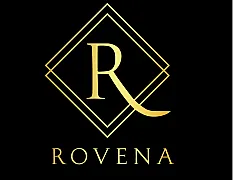 Elegant Rovena logo with a golden 'R' inside a diamond outline on a sleek black background.