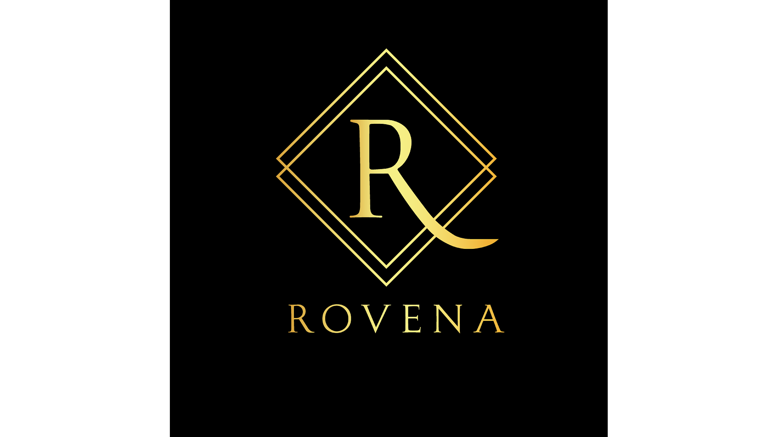 Elegant black and gold logo with a stylized 'R' inside a diamond shape, representing Rovena's luxury brand identity.