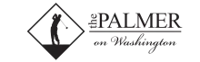 Elegant logo for The Palmer on Washington featuring a silhouette of a golfer in action within a diamond-shaped frame, delivering sophistication and sporty charm.