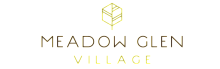 Elegant logo for Meadow Glen Village featuring a modern geometric design in a stylish gold hue.