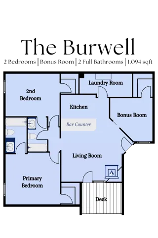 The Burwell Floorplan - 2 bedrooms, Bonus Room, 2 full bathrooms, 1,094 square feet
