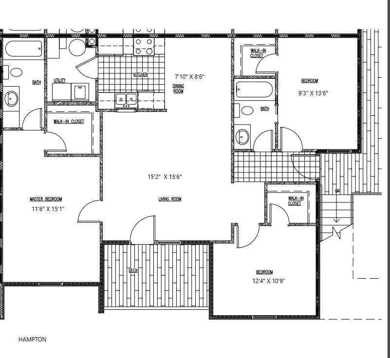 Hampton floor plan showcasing a spacious layout with a master bedroom, two additional bedrooms, open living room, dining room, kitchen, and two bathrooms. Features include walk-in closets and a charming deck area.