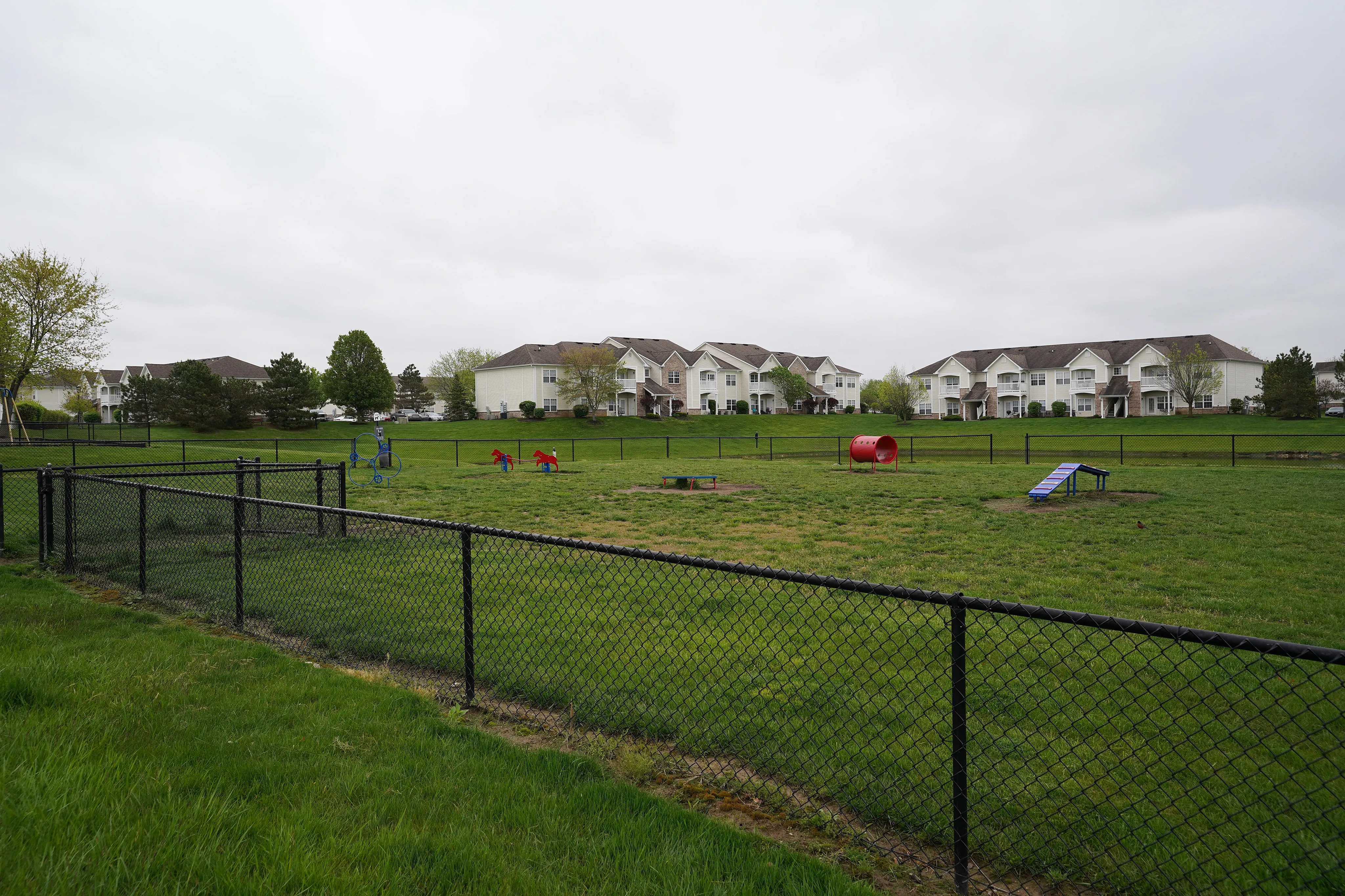 Expansive dog park with playful equipment and serene residential townhouses in the background.