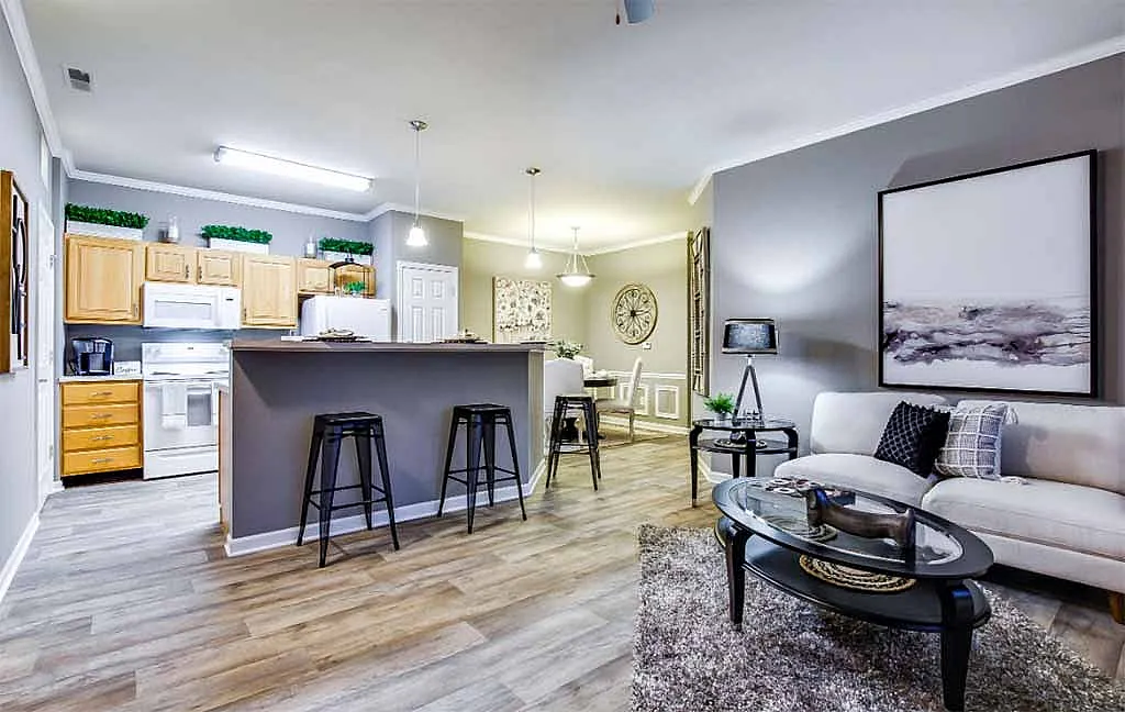 Inviting open-concept apartment featuring a modern kitchen with wooden cabinets, cozy living area, and elegant dining space perfect for entertaining.