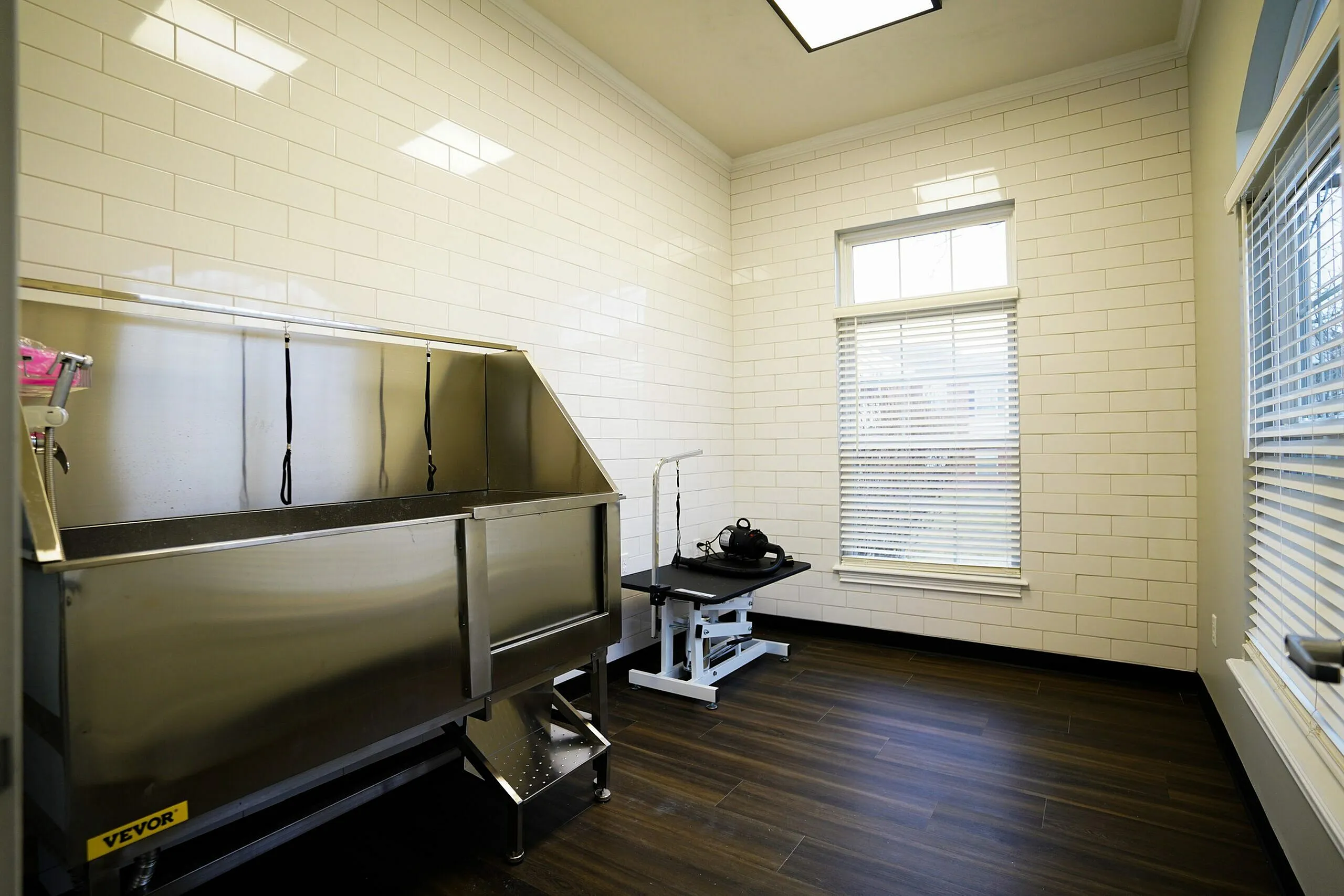 Modern pet grooming room with sleek stainless steel wash station, bright white tiled walls, and abundant natural light.