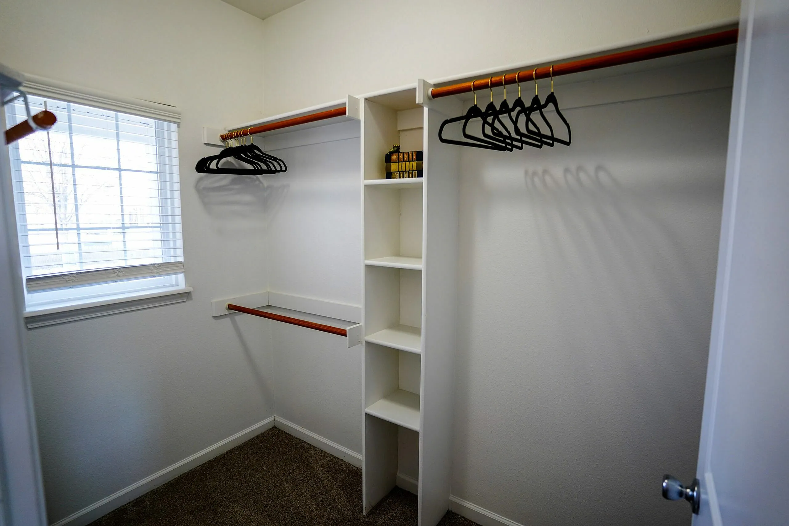 Bright walk-in closet with ample shelving and hanging space, featuring natural light from a window and stylish dark hangers.