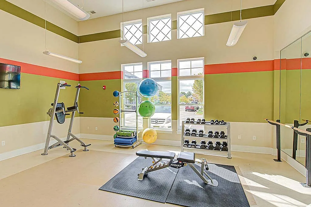 Bright and inviting apartment gym with modern equipment, vibrant exercise balls, and ample natural light.