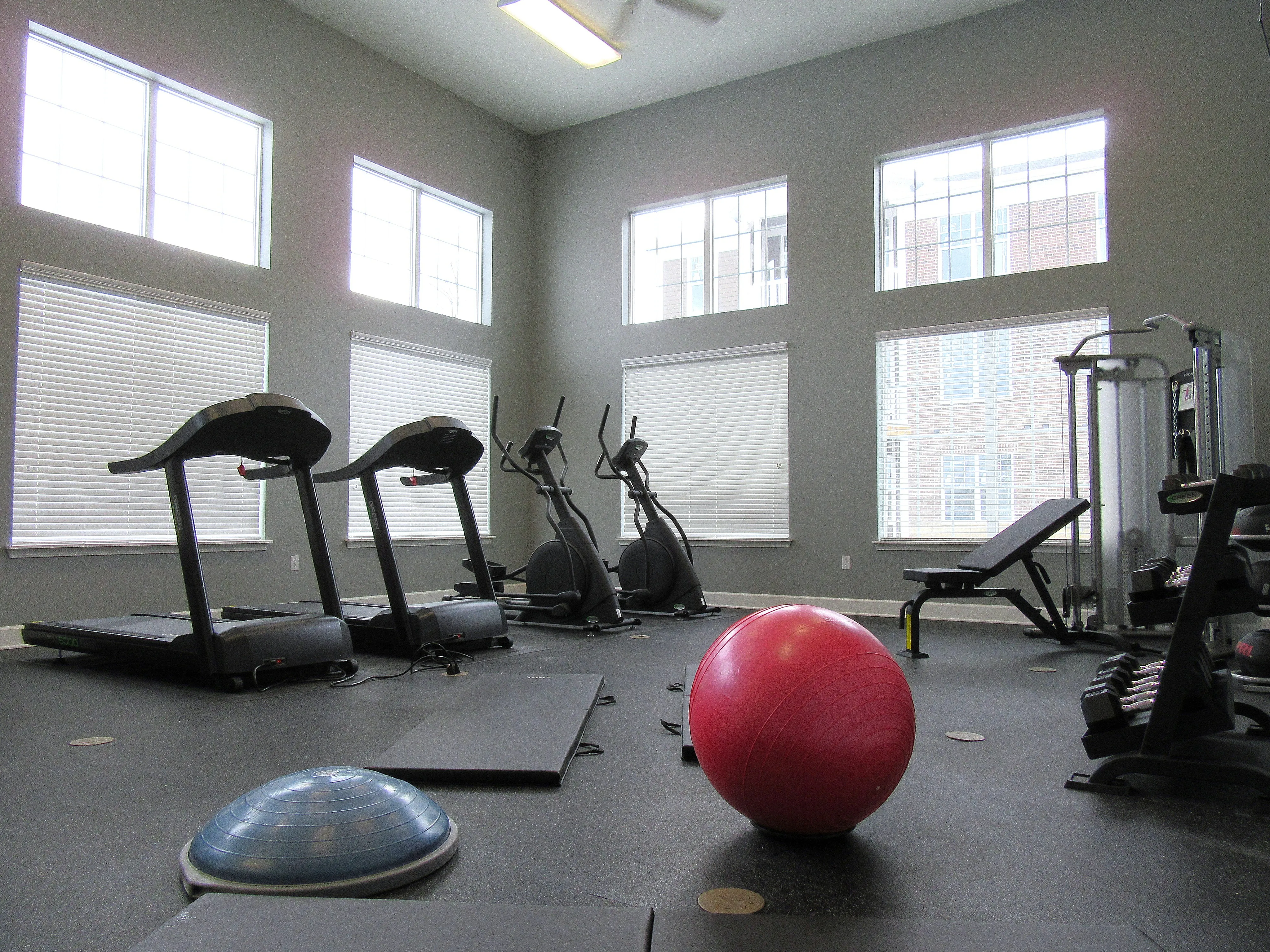 Bright, modern apartment fitness center with treadmills, ellipticals, and diverse workout equipment.