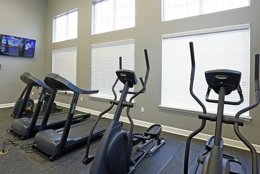 Modern apartment gym with state-of-the-art treadmills and ellipticals, bright windows, and a wall-mounted TV.