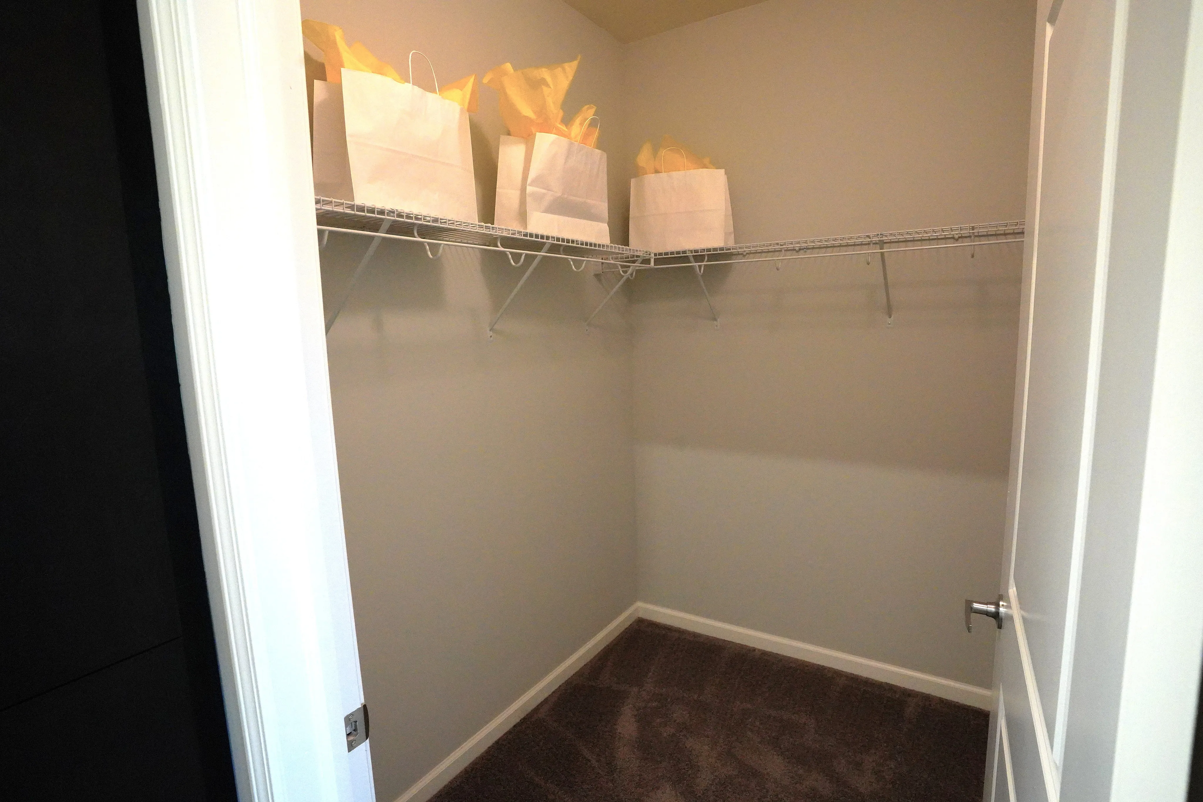 Spacious walk-in closet with modern shelving and plush carpeting, perfect for organizing your wardrobe.