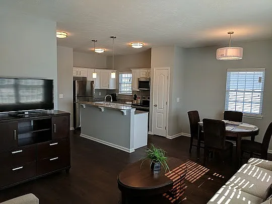 Modern open-concept apartment featuring a stylish kitchen with stainless steel appliances, inviting dining area, and cozy living space, accented by dark wood floors and elegant lighting.
