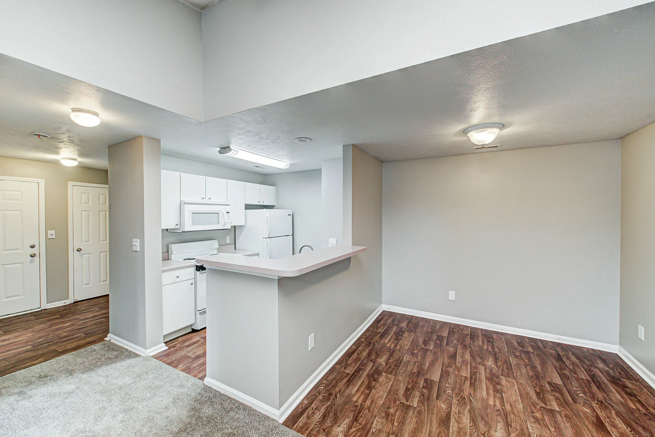 Bright open layout with modern kitchen, sleek countertops, and warm wood flooring in a cozy apartment setting.