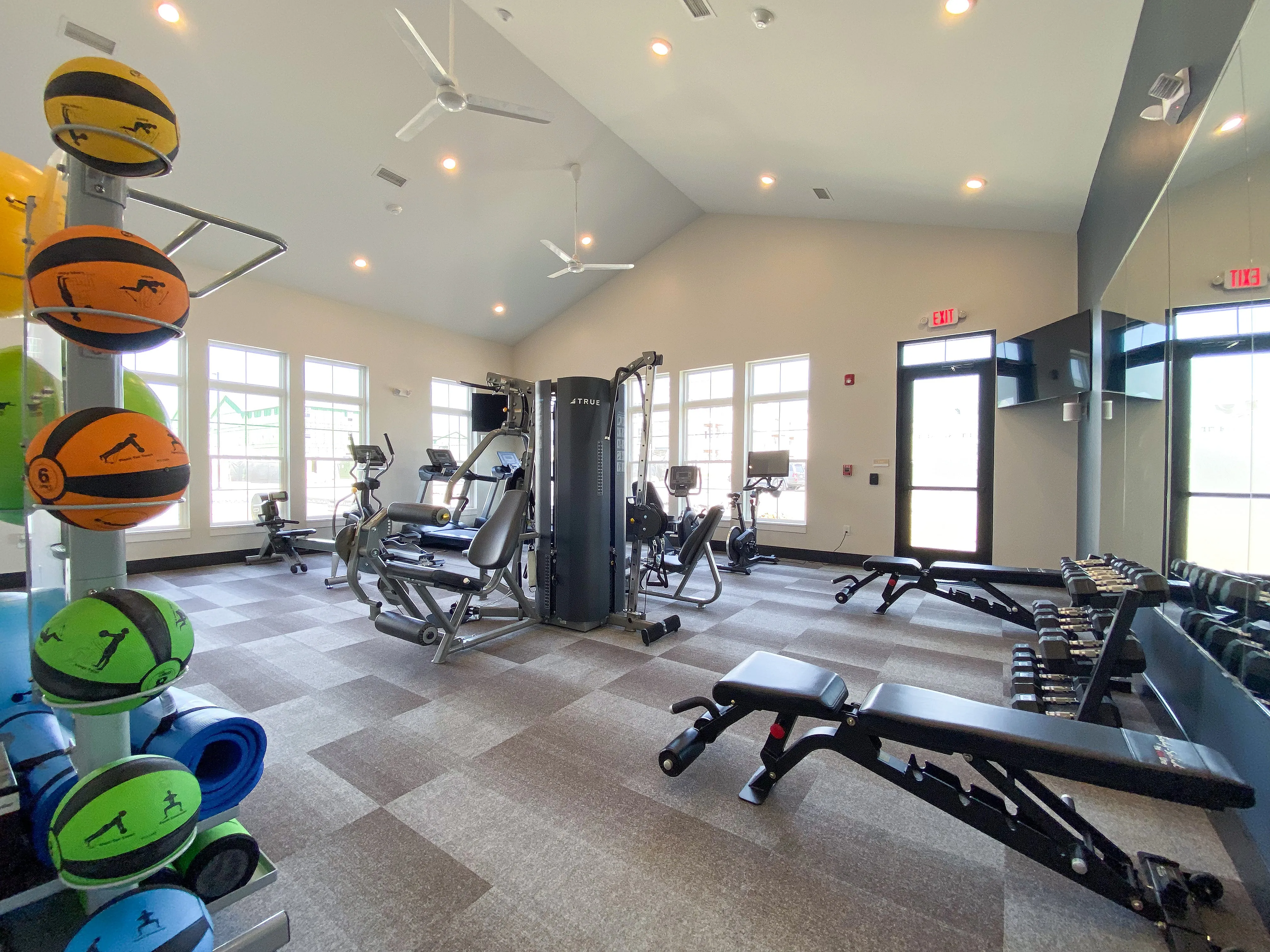 Modern fitness center with state-of-the-art equipment, bright windows, and vibrant exercise balls creating an inviting workout space.
