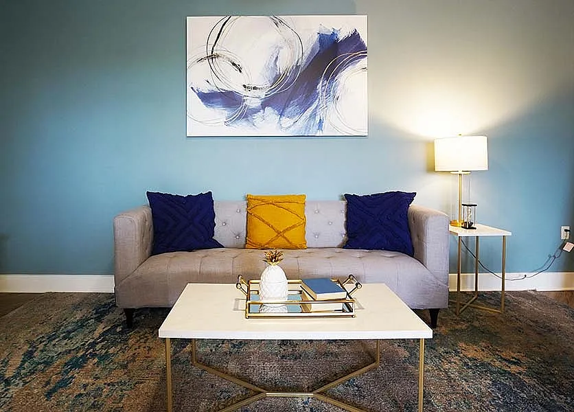 Contemporary living room with a stylish gray sofa, vibrant cushions, elegant abstract artwork, and a chic coffee table in a cozy setting.